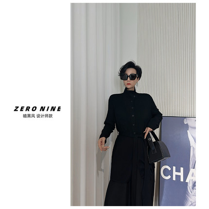 Dan Dan 黑色立领开衫女 暗黑风设计感中长款长袖针织衫