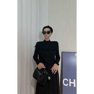 长袖 Dan 女 高级感花边拼接针织衫 毛衣 黑色法式