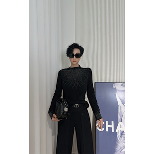 修身 加绒T恤女 高级感轻熟简约风上衣 黑色欧货镶钻长袖 Dan