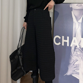 Dan 松紧腰加厚保暖复古日系休闲裤 黑色格纹压线七分裤 女