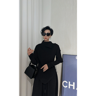 时髦精收腰T恤 显身材上衣女 Dan 黑色极简风斜领长袖