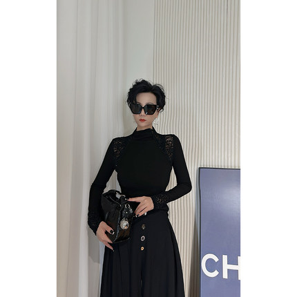 Dan Dan 黑色镂空拼接长袖T恤女 女人味打底衫