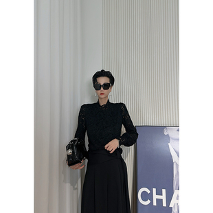 性感显气质T恤 上衣女 Dan 黑色植绒高级感长袖