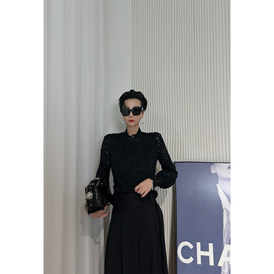 Dan Dan 黑色植绒高级感长袖上衣女  性感显气质T恤