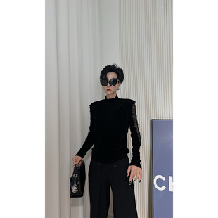 丝绒上衣女 高级感长袖 亮片露肩T恤 黑色法式 Dan