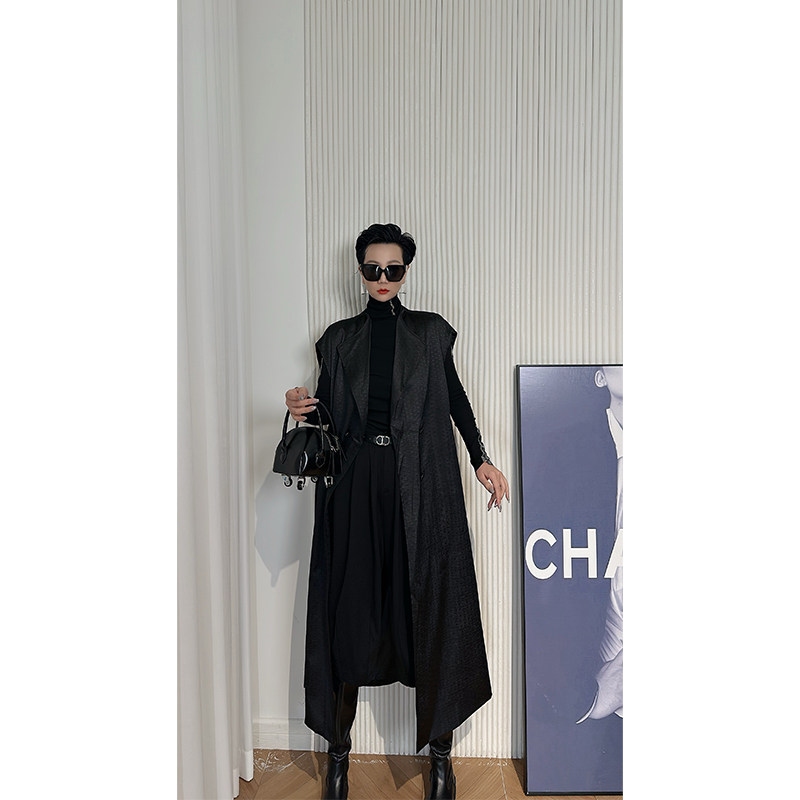 Dan Dan 黑色长款个性时尚马甲外套女 中长款时髦精马夹