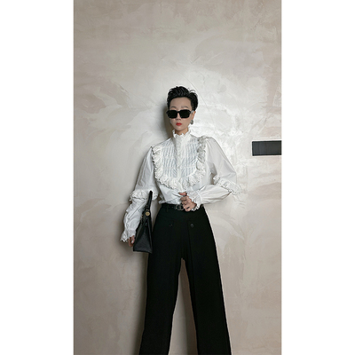 Dan Dan 法式纯色蕾丝花边灯笼袖立领长袖衬衫女