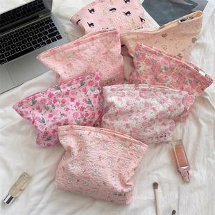 可爱卡通化妆包女生大容量便携旅行洗漱包粉色格子棉布化妆收纳袋