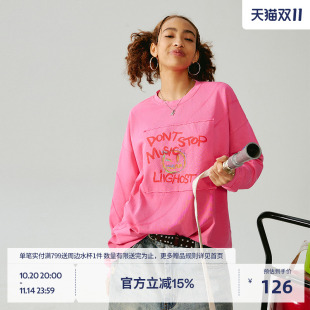 宽松趣味上衣 T恤粉色纯棉撞色刺绣美式 BEASTER明星同款 潮牌长袖