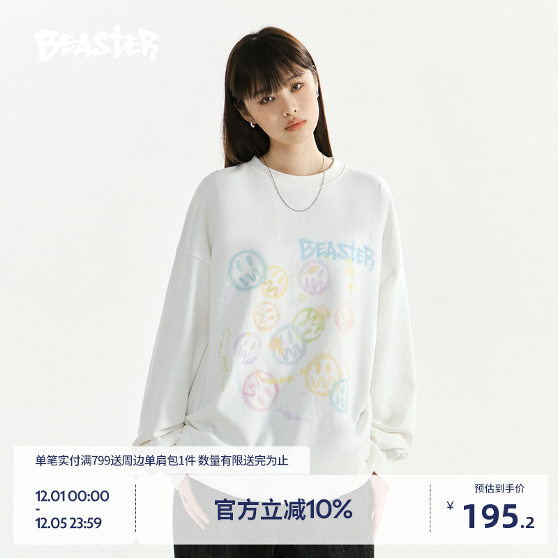【商场同款】BEASTER彩色鬼脸印花卫衣新品情侣休闲美式圆领上衣