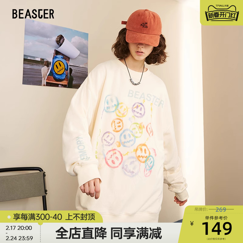 BEASTER小恶魔笑脸套头舒适潮宽松印花字母图案针织圆领长袖卫衣