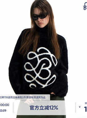 BEASTER包芯纱提花图案针织衫男美式宽松仿貂毛潮流新款黑色上衣