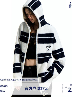 BEASTER刺绣鬼脸仿貂毛连帽针织开衫男秋季新款宽松拼色毛衣外套