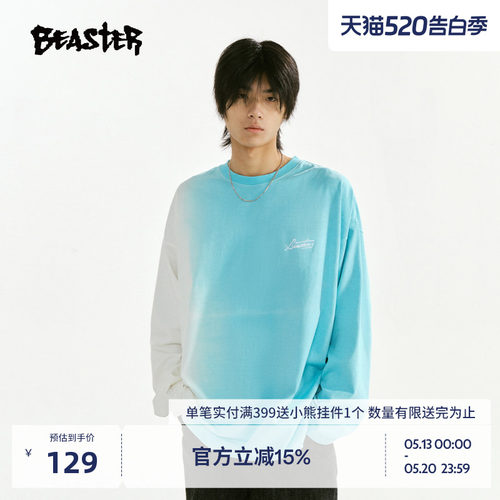 BEASTER鬼脸印花渐变长袖T恤夏季新款纯棉美式休闲情侣圆领上衣
