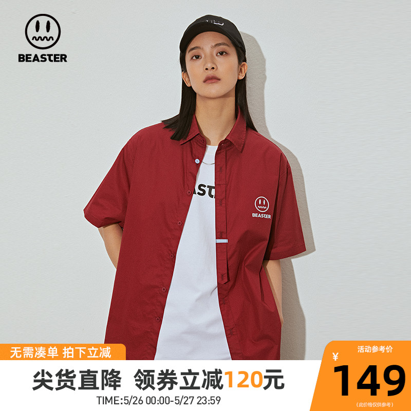 BEASTER 经典鬼脸小恶魔鬼脸美式衬衫撞色反光宽松衬衣男士潮夏季