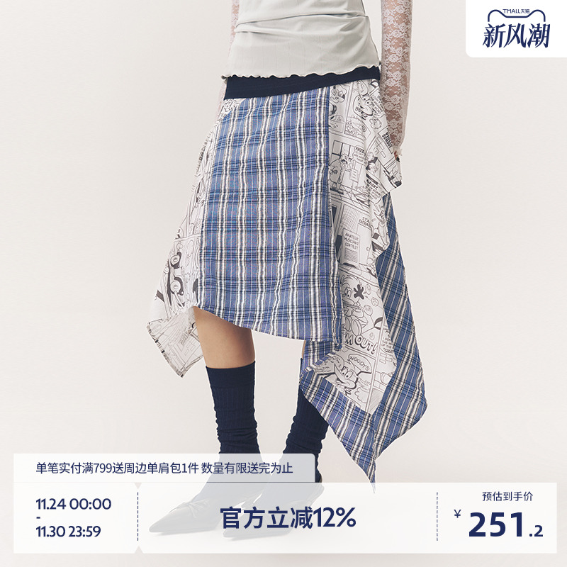 BEASTER复古格纹不对称半身裙