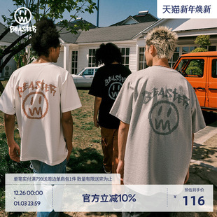 短袖 上衣潮牌情侣装 t恤男夏季 美式 新款 BEASTER鬼脸印花男士