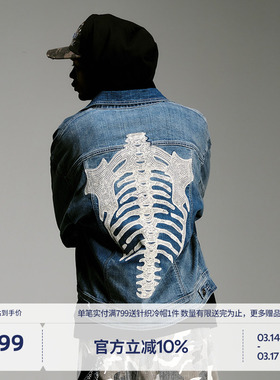 BEASTER刺绣图案复古牛仔外套男美式休闲潮流秋季新款翻领夹克