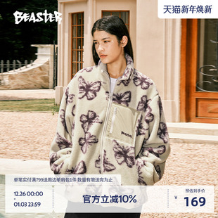 BEASTER蝴蝶提花仿羊羔绒外套女23冬新款 保暖立领棉服男潮流夹克