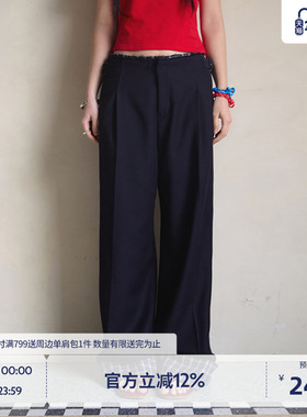 BEASTER拼接格纹垂感休闲裤女不对称口袋刺绣百搭新款直筒长裤