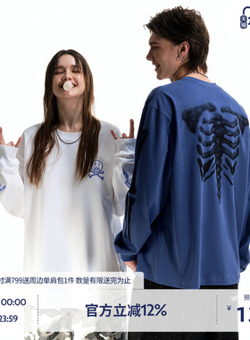 BEASTER鬼脸趣味印花长袖T恤男新款美式休闲纯棉情侣白色上衣