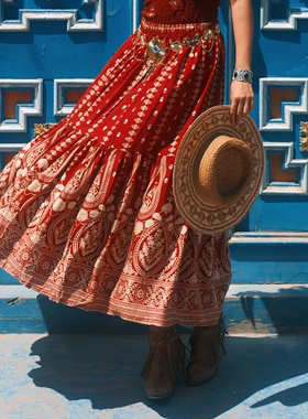 波西米亚异域风高腰半身裙民族风印花大摆长裙泰国度假拍照显瘦裙