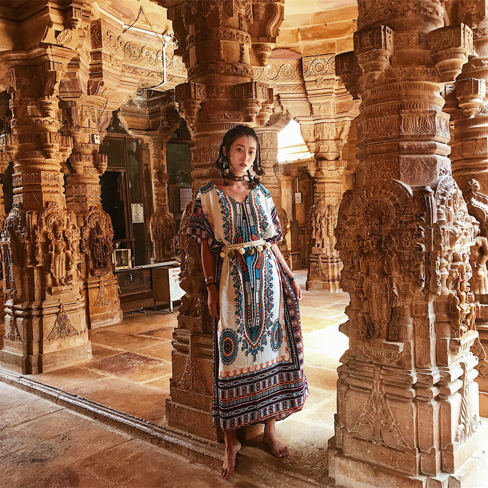 猫之旅店  西藏穿搭/异域风情印花民族风蝙蝠袖宽松连衣裙