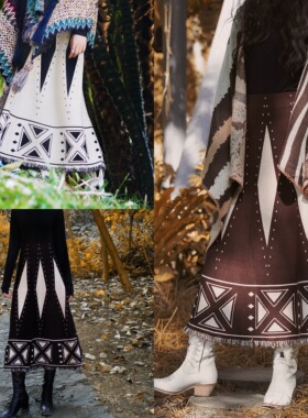 猫之旅店 秋冬度假民族风流苏针织半身裙高腰复古几何印花半身裙