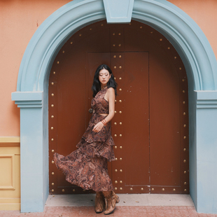 猫之旅店波嬉风印花连衣裙复古腰果露腰背心裙埃及佩斯利花纹长裙