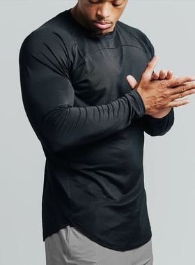 秋季新款健身长袖运动跑步速干训练上衣肌肉修身纯色圆领弹力T恤