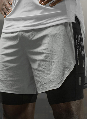 ASRV运动健身跑步短裤双层速干假两件压缩马拉松带内衬四分裤子男