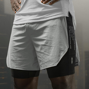 ASRV运动健身跑步短裤 子男 双层速干假两件压缩马拉松带内衬四分裤