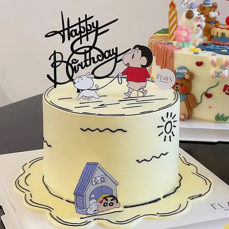 网红二次元蜡笔小新蛋糕装饰插牌卡通小新遛狗儿童生日装扮插牌