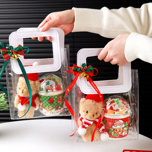 2025圣诞节透明手提波波杯蛋糕装饰小熊圣诞老人礼盒袋子插牌插件