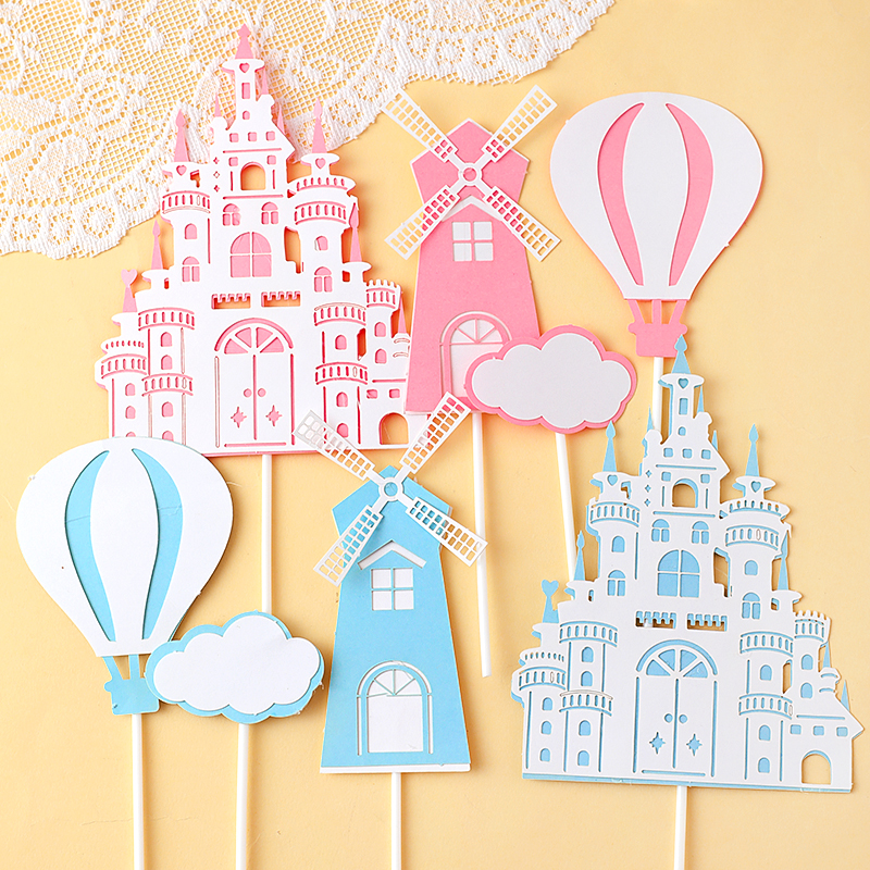 10套生日蛋糕插件粉色蓝色城堡风车热气球云朵写字牌儿童烘焙插牌