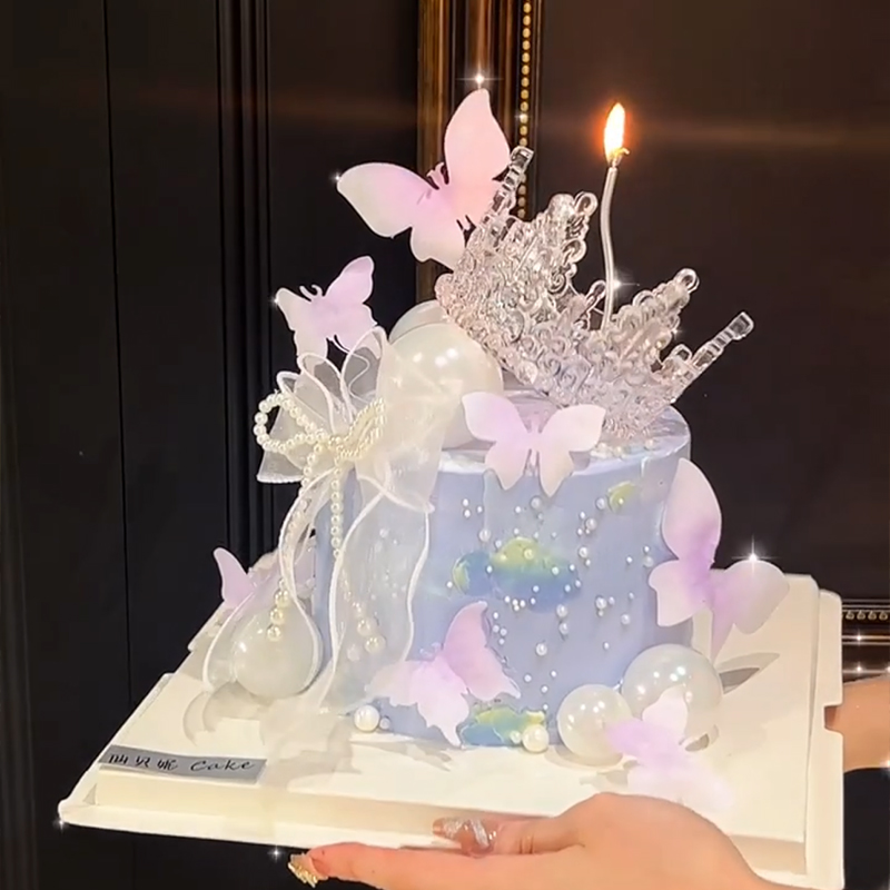ins网红女神小仙女生日蛋糕装饰透明皇冠摆件珍珠蝴蝶结丝带插件