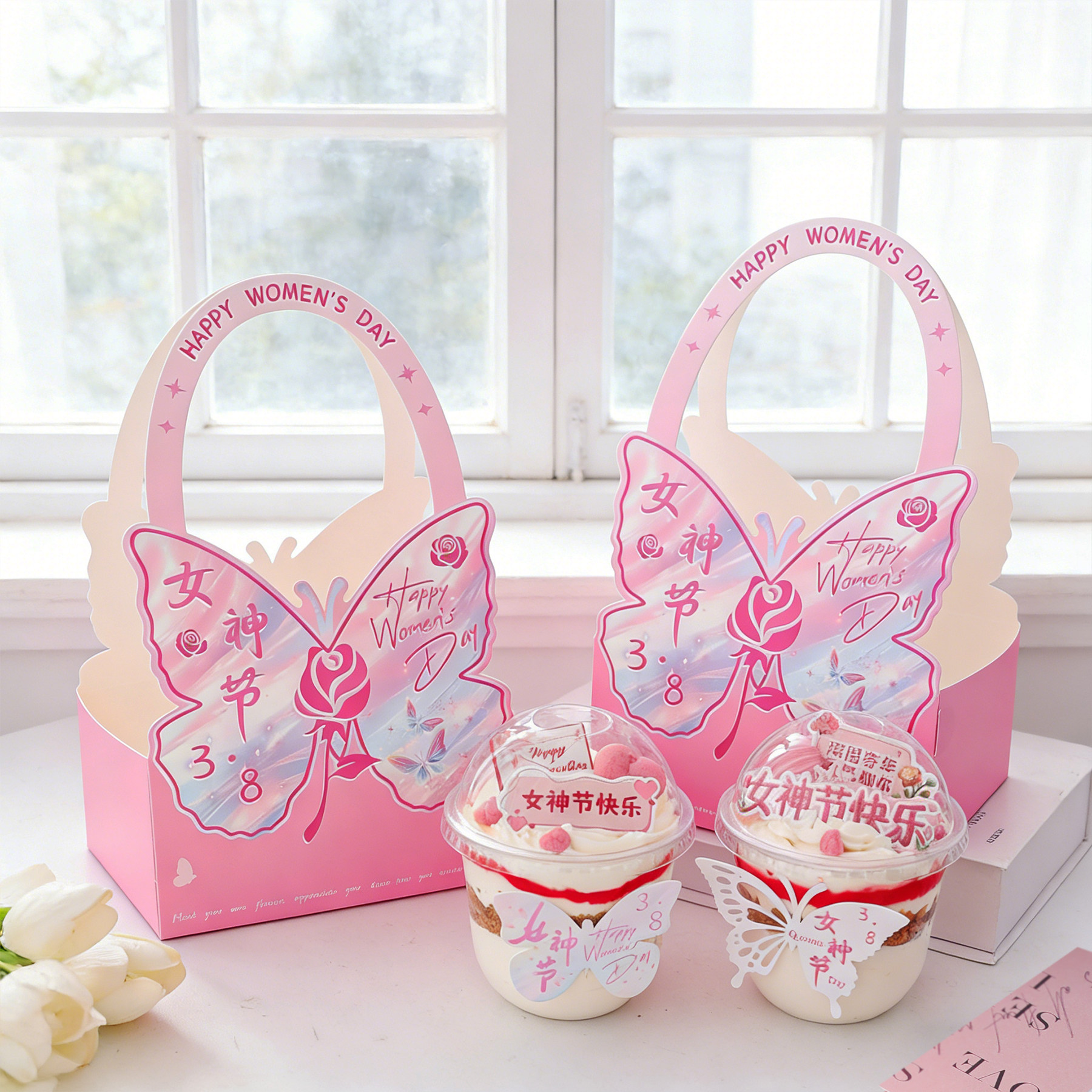 38女神节波波杯蛋糕装饰手提盒胖胖杯三八妇女节甜品包装盒礼盒