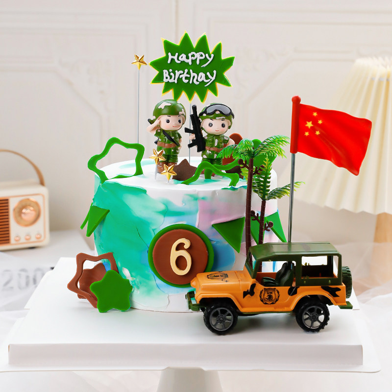 军人生日蛋糕装饰摆件男神兵哥哥特种兵玩偶汽车烘焙插牌插件