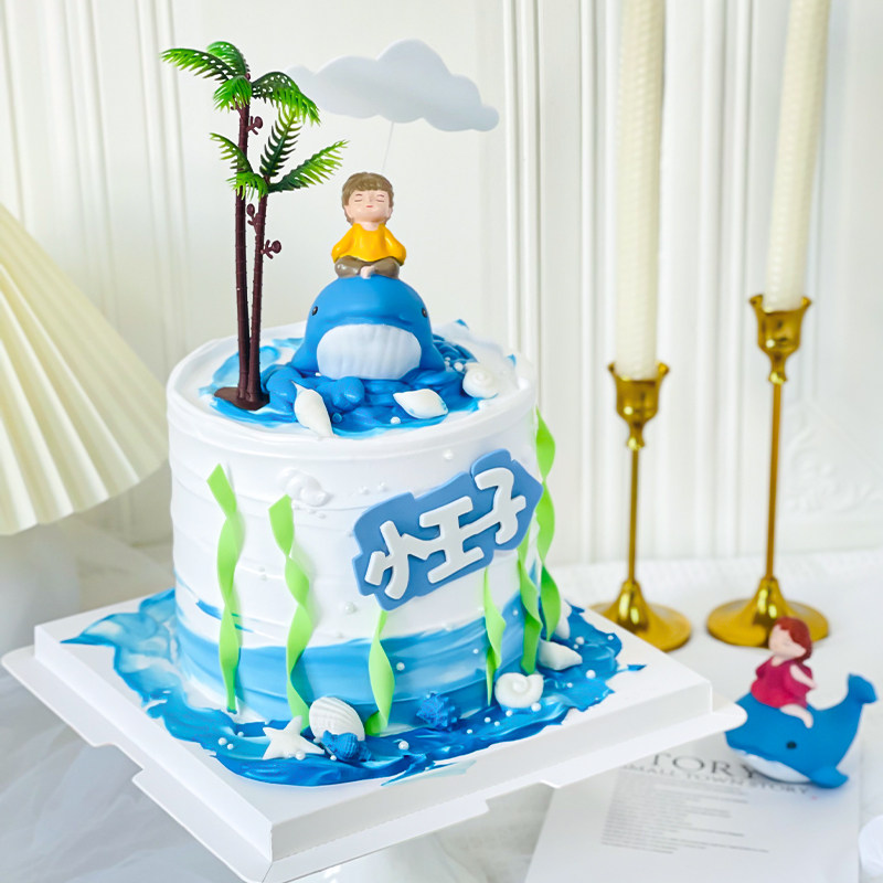 海豚蛋糕装饰摆件蓝色海洋男孩女孩小王子生日创意甜品台派对装扮