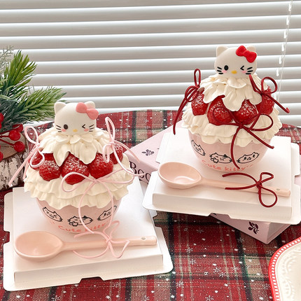 网红圣诞节helloKitty斑点猫陶瓷碗蛋糕装饰新年元旦kt猫草莓碗