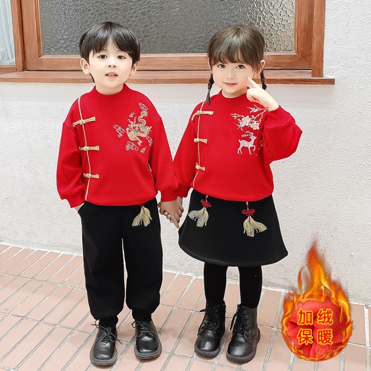 唐装女童男童幼儿园元旦演出服儿童秋冬款汉服中国风新年套装加绒
