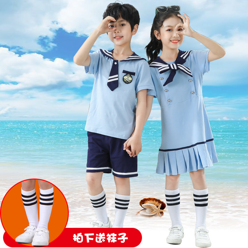小学生薄款短袖t恤套头蓝色校服