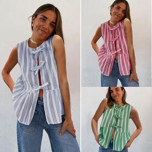 2024 womens top cardigan striped shirt vest