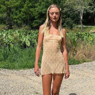 Lace Women Dress Khaki Spaghetti Strap Side Slit Mini Dress