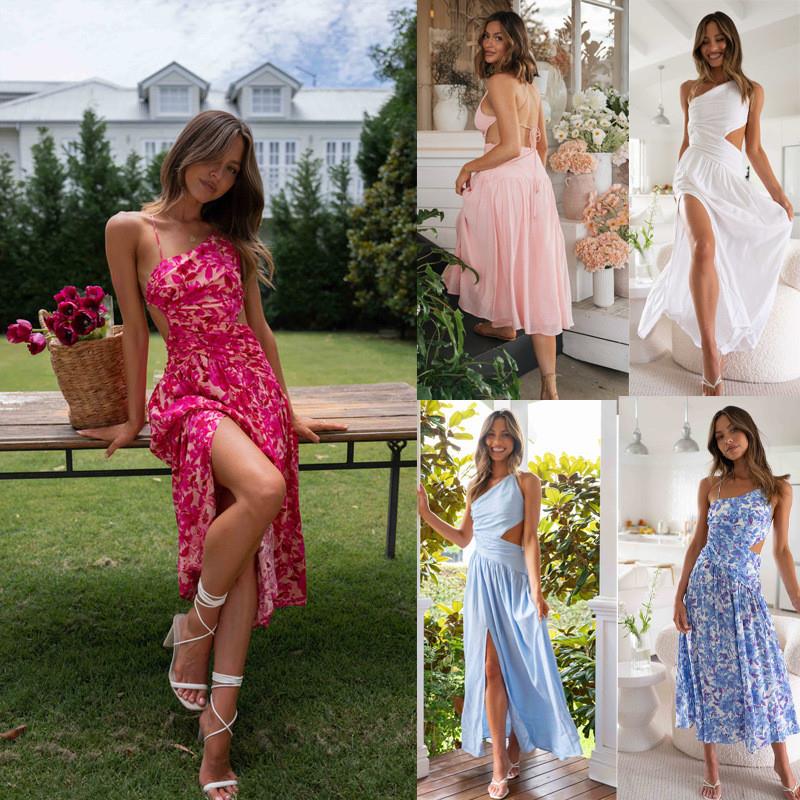 Womens new sleeveless open back long dress with split hem