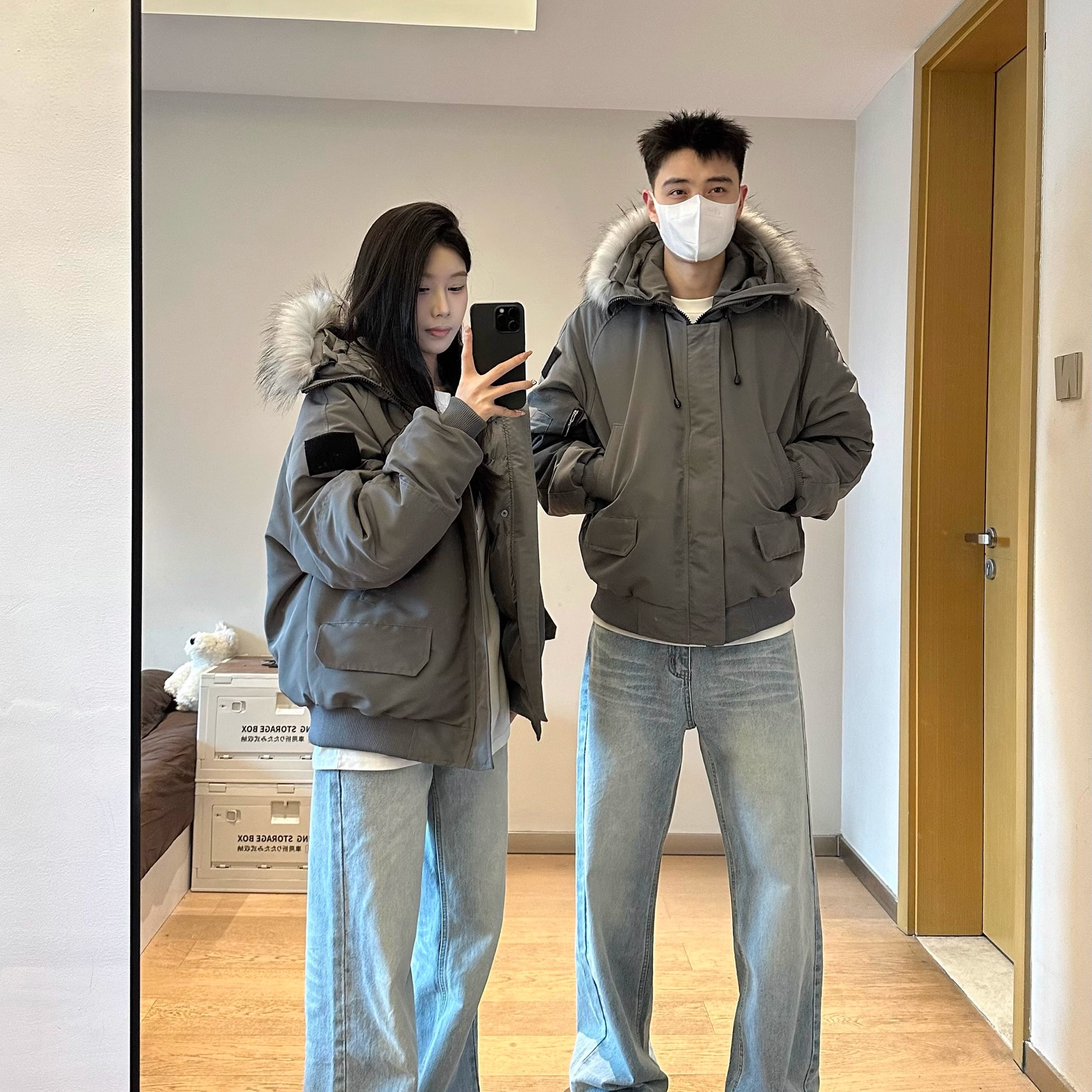 灰色派克服毛领棉服加厚保暖