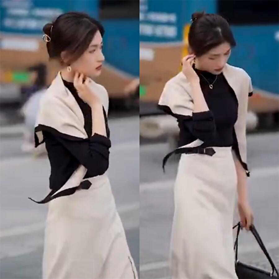 网红同款发热螺纹打底披肩半身裙