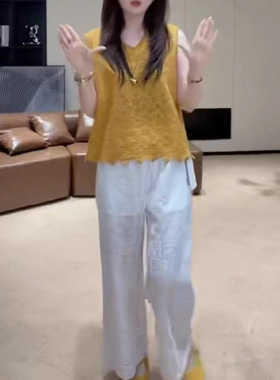 25727新大爱美依缘2025夏季新款韩版镂空无袖上衣显瘦阔腿裤时尚