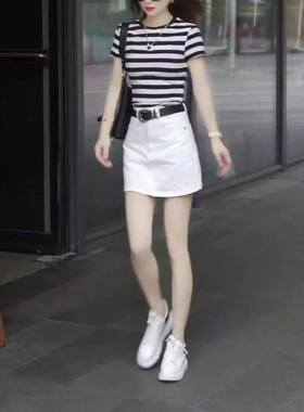 23317大爱美依缘2025夏季新款圆领条纹上衣时尚白色半身短裙女潮