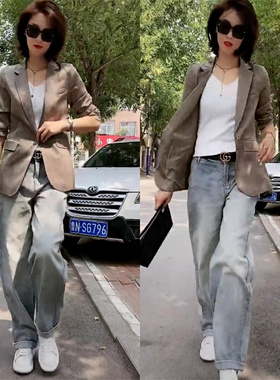 明星新款涤纶红同款米色小西装外套时尚气质OL风范蓝色牛仔裤套装